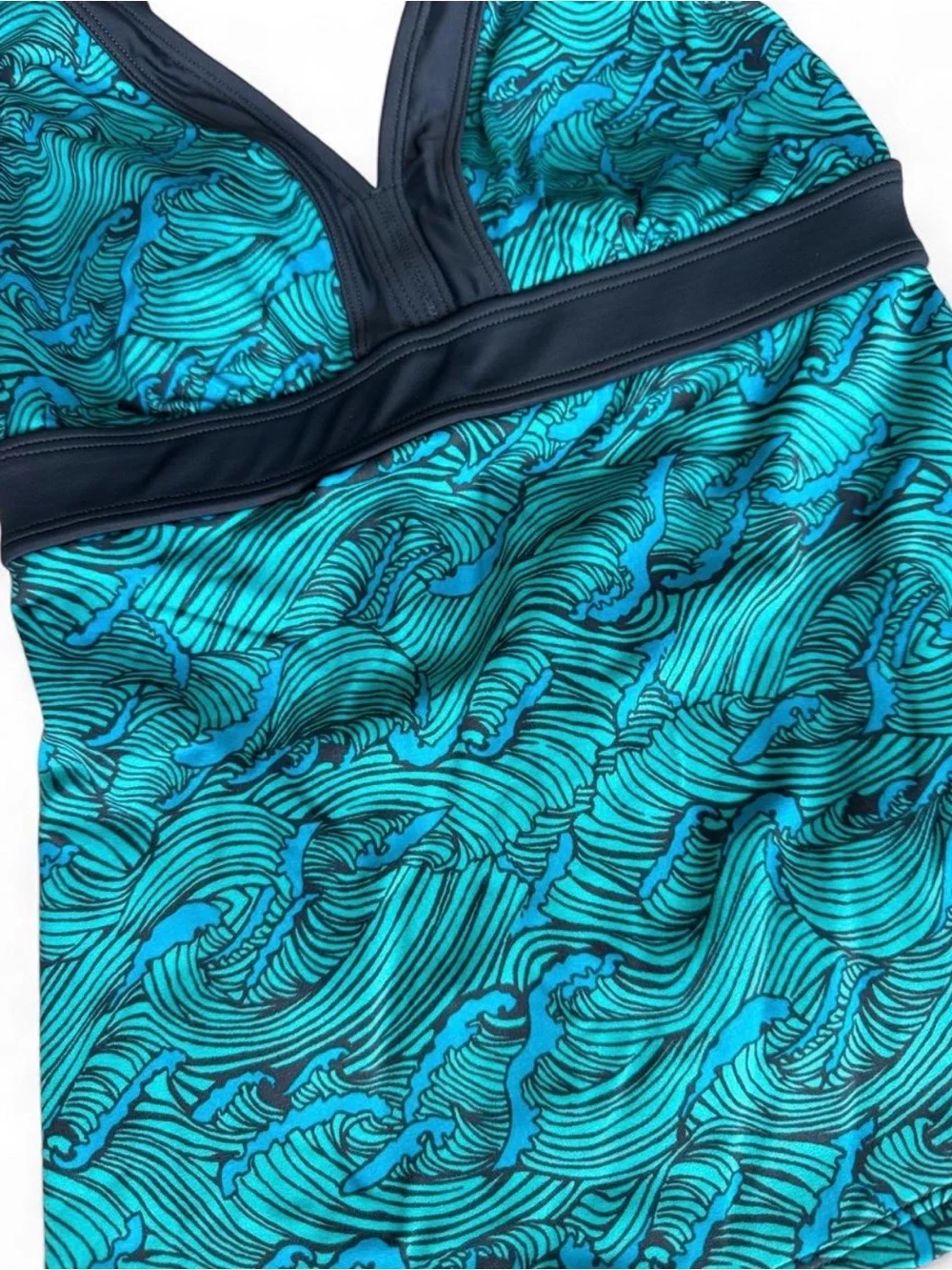 L.L. Bean Blue Wave-Print Tankini Top - V-Neck Swim Top